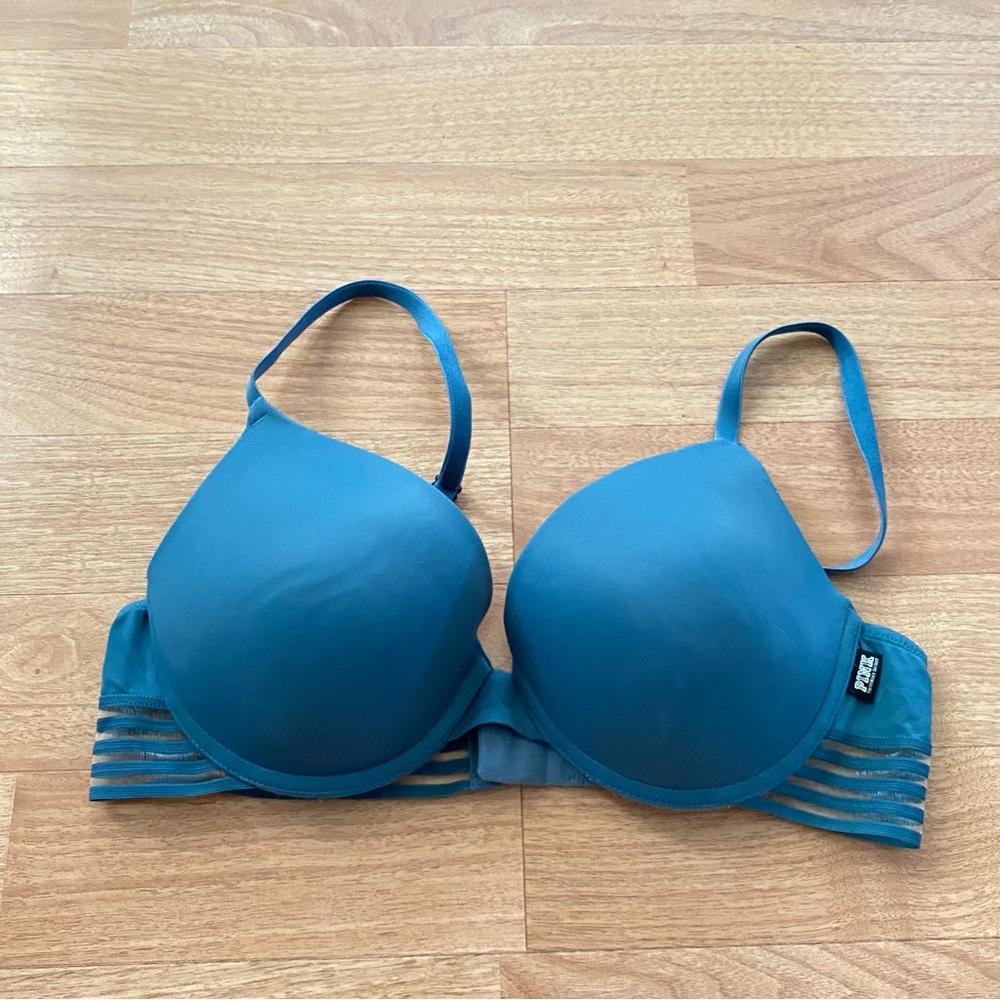PINK Blue Push Up Bra with Mesh Stripe Elastic Details
